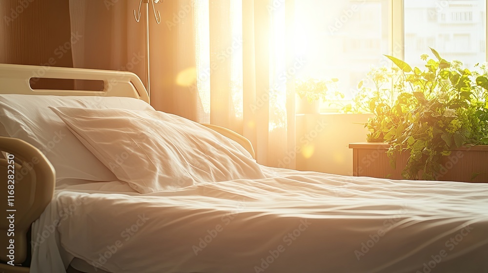 Serene Hospital Recovery Room Illuminated by Sunlight, Patient Comforted by Gentle Glow in Minimalistic Setting Serene Hospital Recovery Room Illuminated by Sunlight, Patient Comforted by Gentle Glow in Minimalistic Setting
