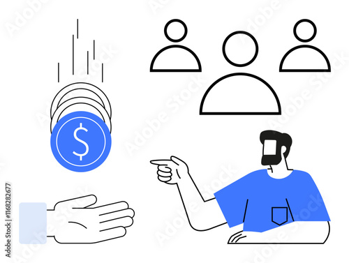 Man pointing towards coins and simplified person icons. Ideal for business, money transactions, economic interaction, team management, investments, decision-making, career growth. Abstract line flat