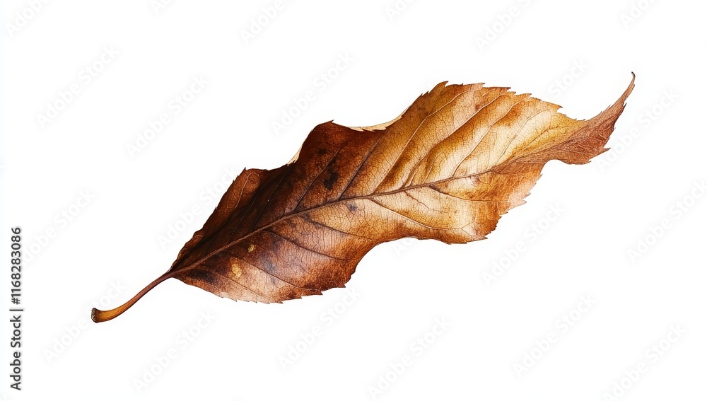 Fototapeta premium Single dried brown leaf isolated on white.