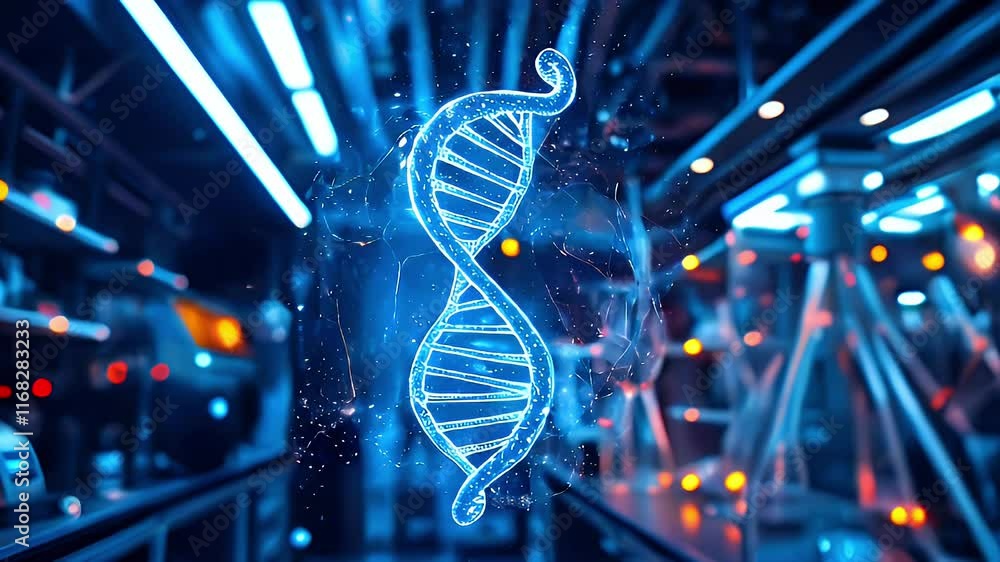 A glowing DNA double helix in a futuristic lab setting, symbolizing genetic research. A glowing DNA double helix in a futuristic lab setting, symbolizing genetic research.