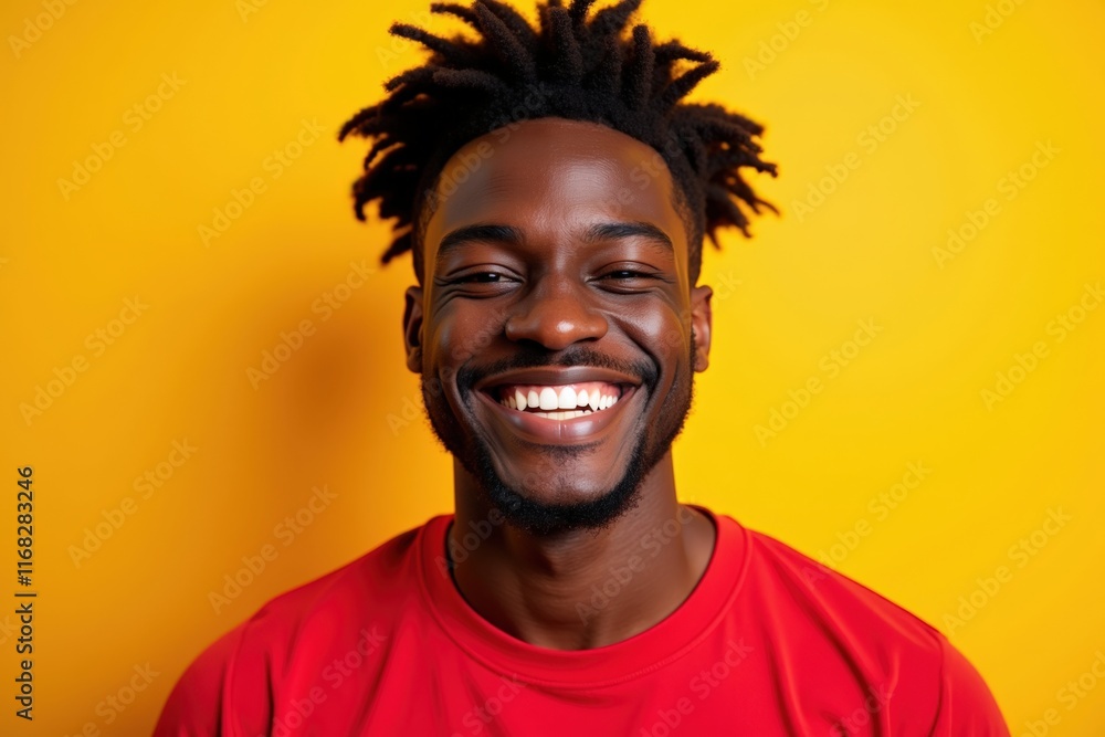Happy African American Man Smiling Brightly in Red Shirt Against Yellow Background, Perfect for Diversity and Inclusion Campaigns Happy African American Man Smiling Brightly in Red Shirt Against Yellow Background, Perfect for Diversity and Inclusion Campaigns