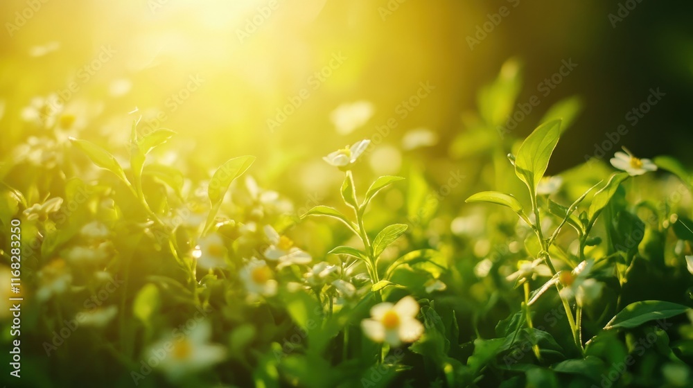 Fototapeta premium Golden Sunlight Illuminates Delicate White Flowers In Lush Green Field