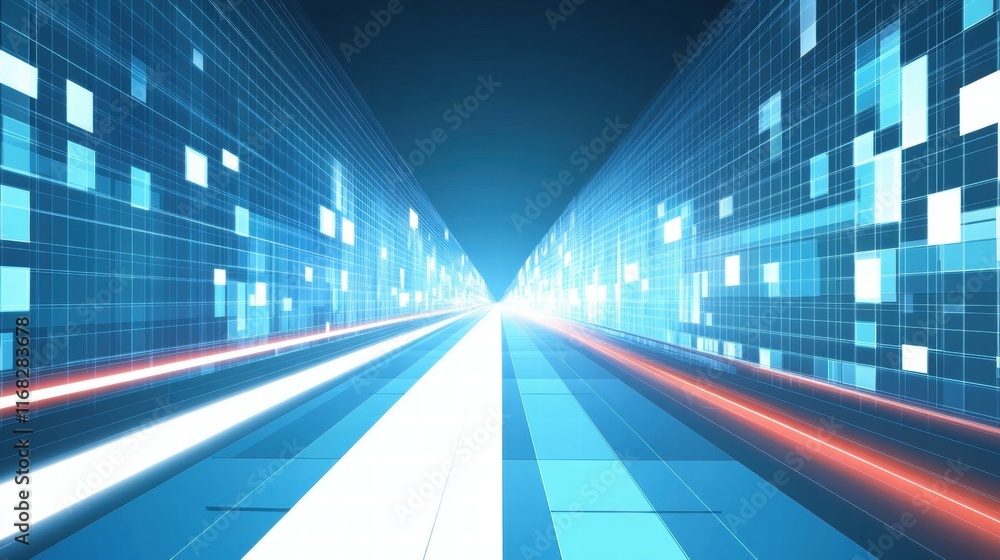 Abstract digital landscape with blue tones and light trails suggesting motion and technology. Abstract digital landscape with blue tones and light trails suggesting motion and technology.