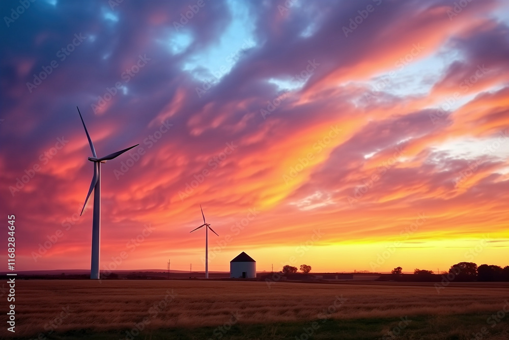 Obraz premium A glowing wind farm at dusk with a colorful sky in the background, vibrant artistic bokeh background