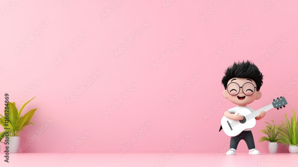A cheerful cartoon boy playing guitar in a pink room with plants. A cheerful cartoon boy playing guitar in a pink room with plants.