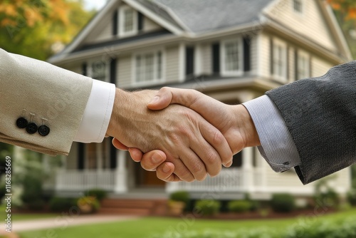 Two business professionals shake hands in front of a charming house during a property transaction on a sunny day