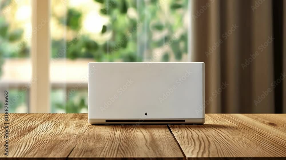 Modern Minimalist White Speaker on Wooden Table with Blurred Green Background Modern Minimalist White Speaker on Wooden Table with Blurred Green Background