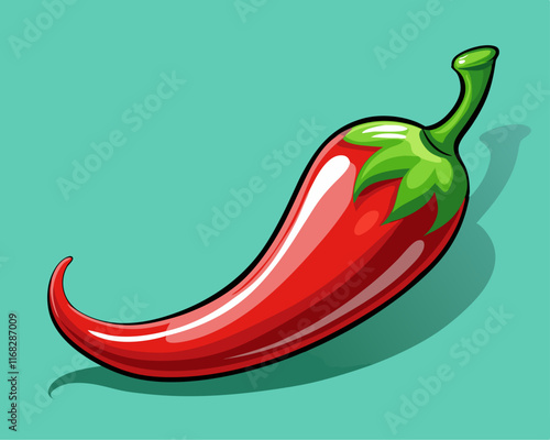 A vibrant red chili pepper with a green stem, resting against a pale mint-green background