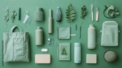 Flat lay of eco-friendly products like reusable bags, bottles, and sustainable goods for a green brand ad photo