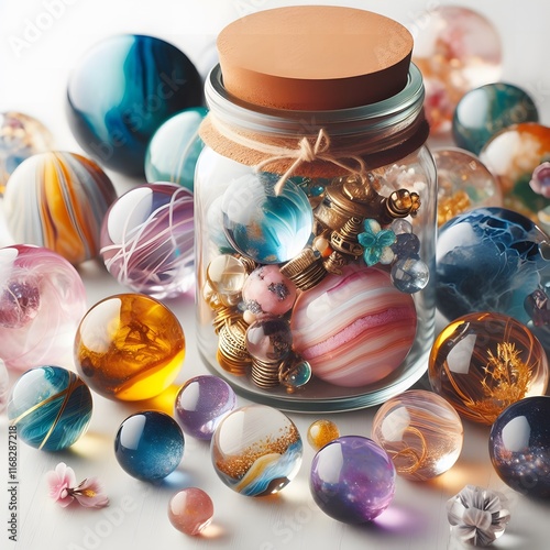 AI Generate of Assorted Crystal Ball in Jar on white background, pop of fun, playfulness