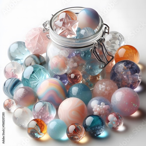 AI Generate of Assorted Crystal Ball in Jar on white background, pop of fun, playfulness