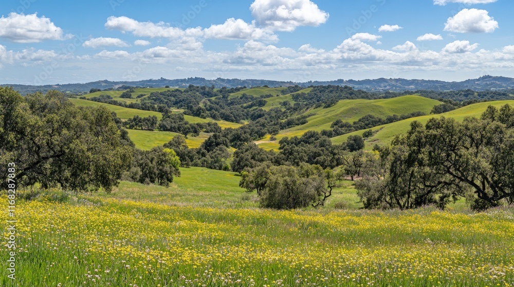 A breathtaking view of a valley with rolling hills, covered in green grass and wildflowers, under a blue sky with soft clouds, providing a serene natural scene. A breathtaking view of a valley with rolling hills, covered in green grass and wildflowers, under a blue sky with soft clouds, providing a serene natural scene.