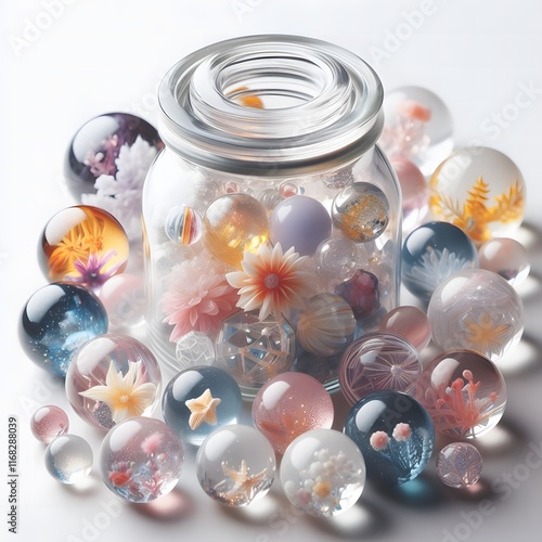AI Generate of Assorted Crystal Ball in Jar on white background, pop of fun, playfulness