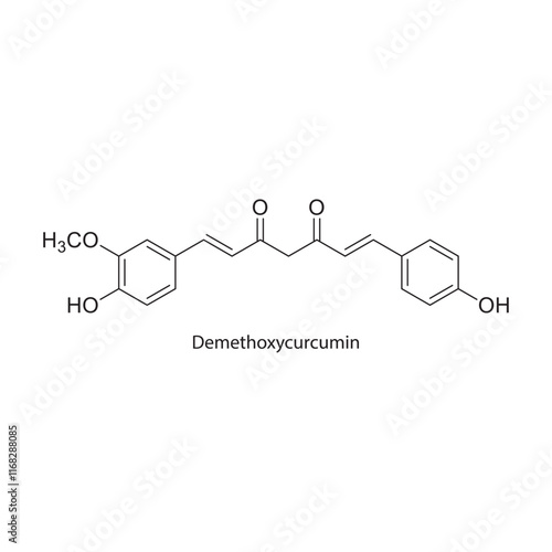 Demethoxycurcumin skeletal structure diagram.Curcuminoid compound molecule scientific illustration.