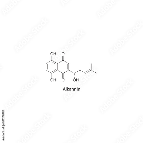 Alkannin skeletal structure diagram.Naphthoquinone compound molecule scientific illustration.