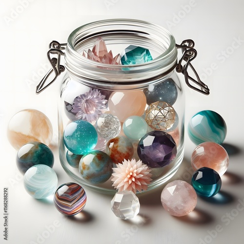 AI Generate of Assorted Crystal Ball in Jar on white background, pop of fun, playfulness