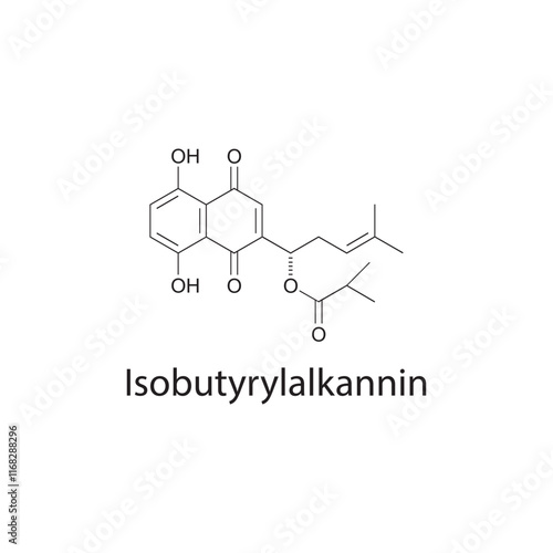 Isobutyrylalkannin skeletal structure diagram.Naphthoquinone compound molecule scientific illustration.