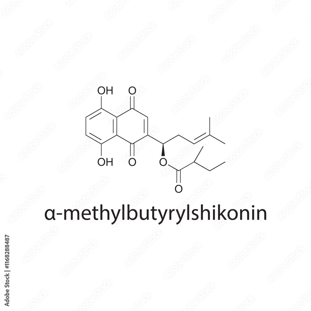 α-methylbutyrylshikonin r skeletal structure diagram.Naphthoquinone compound molecule scientific illustration. α-methylbutyrylshikonin r skeletal structure diagram.Naphthoquinone compound molecule scientific illustration.