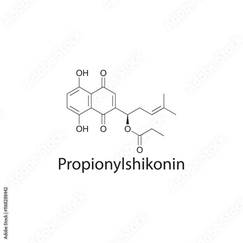 Propionylshikonin skeletal structure diagram.Naphthoquinone compound molecule scientific illustration.