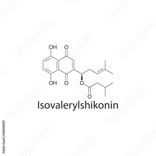 Isovalerylshikonin skeletal structure diagram.Naphthoquinone compound molecule scientific illustration.