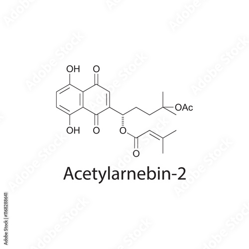 Acetylarnebin-2 skeletal structure diagram.Naphthoquinone compound molecule scientific illustration.