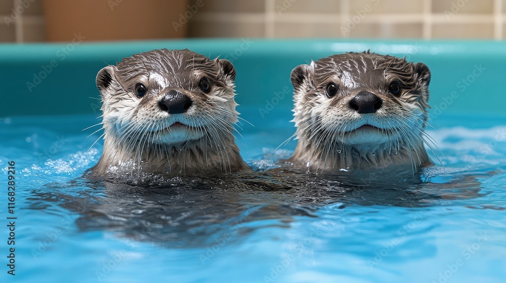 Two Playful Otters Swimming Together in a Bright Aquatic Environment, Showcasing Their Adorable Expressions and Wet Fur as They Enjoy Their Time in the Water Two Playful Otters Swimming Together in a Bright Aquatic Environment, Showcasing Their Adorable Expressions and Wet Fur as They Enjoy Their Time in the Water