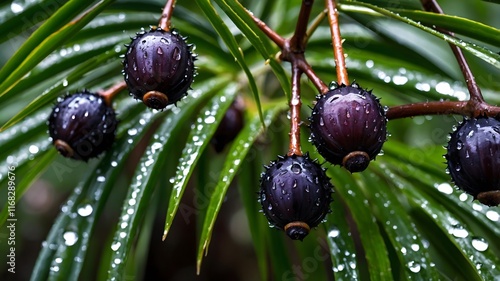 Close-Up of Saw Palmetto Berries: Dark Purple with Dew Drops on Spiny Green Leaves