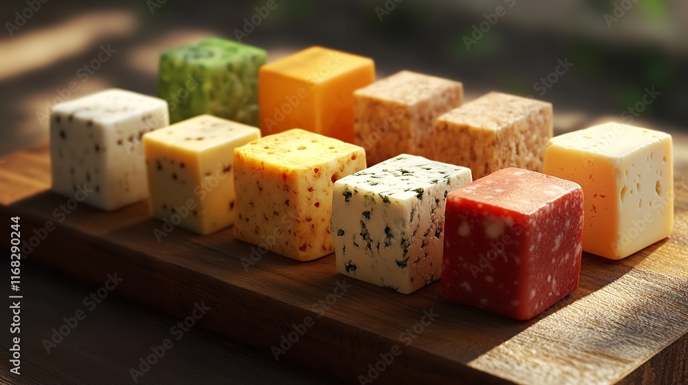 A Wooden Board with Various Cheese Cubes Showcasing Different
A Wooden Board with Various Cheese Cubes Showcasing Different
