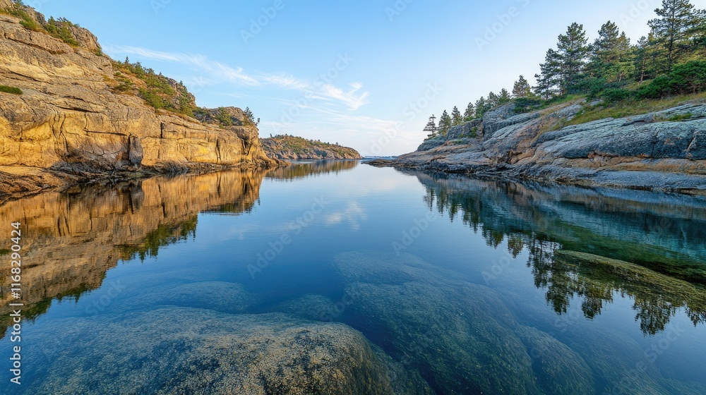 A tranquil bay with crystal-clear water, bordered by rocky cliffs and trees, under a calm, clear sky, offering a peaceful nature backdrop with plenty of space. A tranquil bay with crystal-clear water, bordered by rocky cliffs and trees, under a calm, clear sky, offering a peaceful nature backdrop with plenty of space.