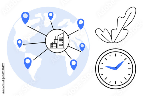 World map with multiple blue location markers connected to a central hub, a clock, and a leaf. Ideal for business globalization, logistics, time management, workflow efficiency, coordination