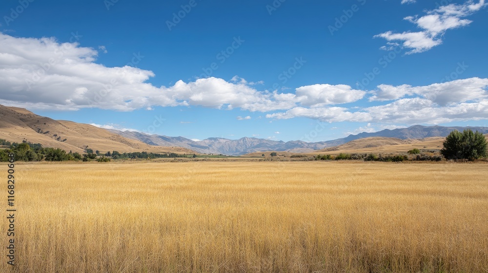 A vast field of golden wheat under a blue sky, with soft clouds and rolling hills in the background, offering a natural and peaceful setting with open space. A vast field of golden wheat under a blue sky, with soft clouds and rolling hills in the background, offering a natural and peaceful setting with open space.