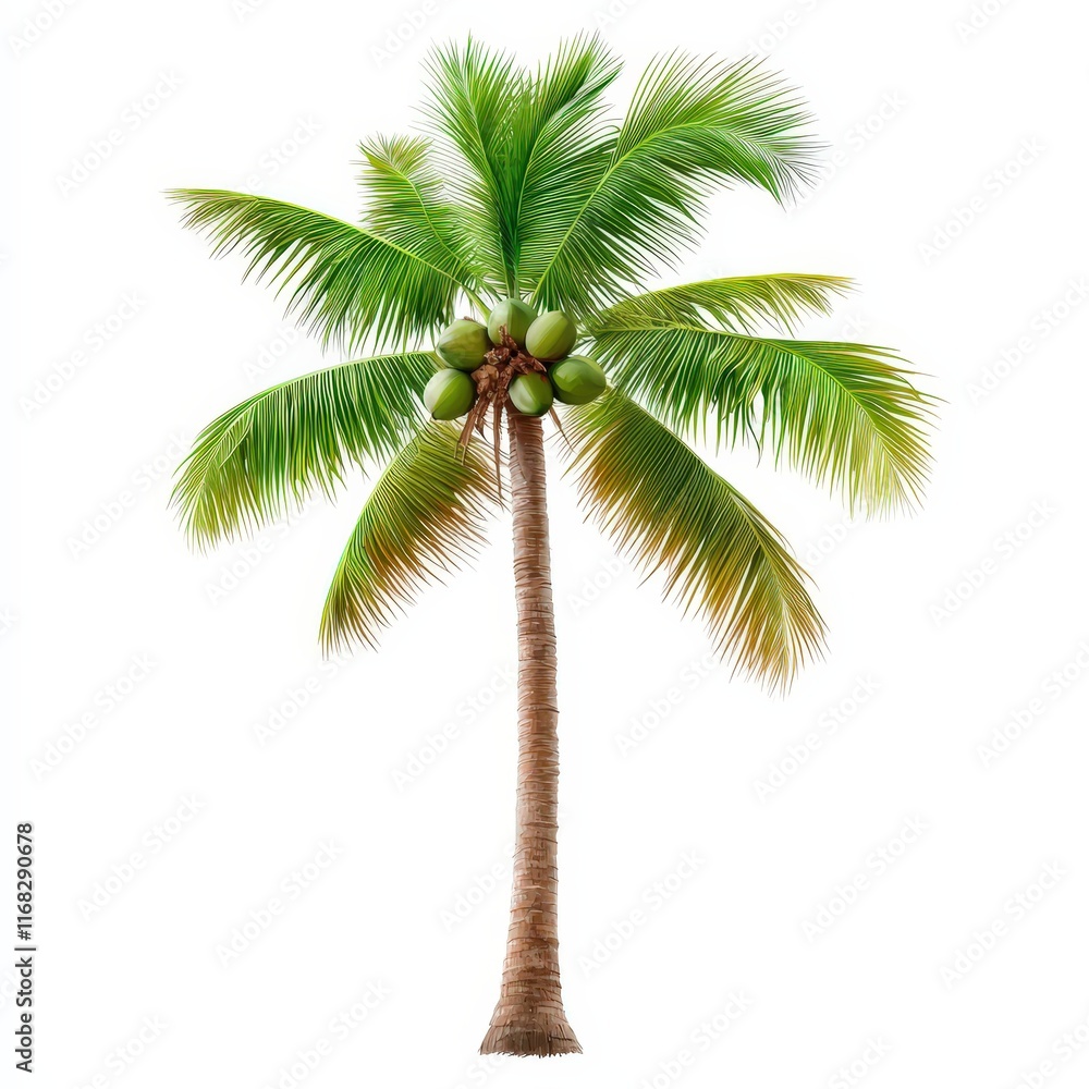 Fototapeta premium a coconut tree with fruits, tropical element, hand-drawn sketch style, vibrant green and brown hues, isolated on white background
