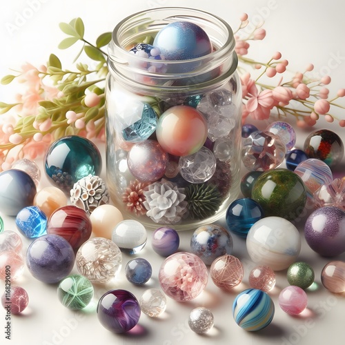 AI Generate of Assorted Crystal Ball in Jar on white background, pop of fun, playfulness