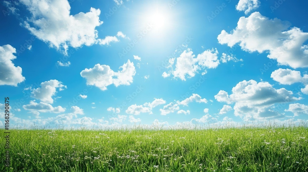 Obraz premium A wide open field with tall, swaying grasses under a bright blue sky, offering an expansive natural landscape with ample space for design elements.