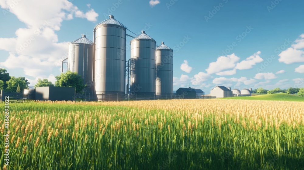 Grain silos standing tall amidst vast farmland, symbolizing the backbone of agricultural sustenance and the enduring cycle of rural life. Grain silos standing tall amidst vast farmland, symbolizing the backbone of agricultural sustenance and the enduring cycle of rural life.