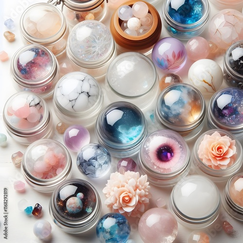 AI Generate of Assorted Crystal Ball in Jar on white background, pop of fun, playfulness