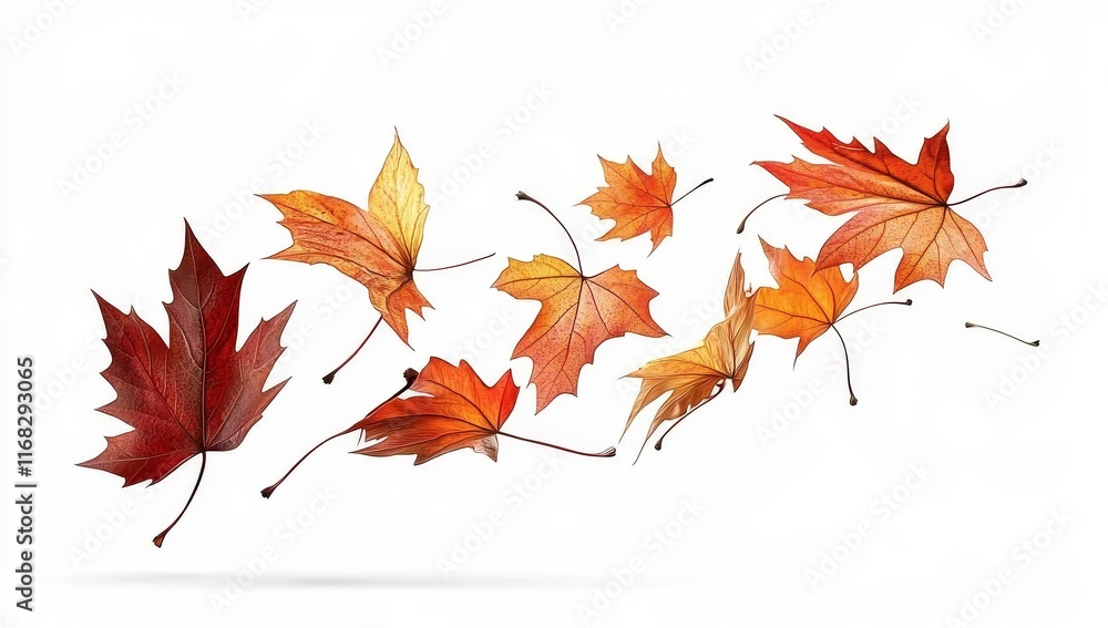 Falling autumn maple leaves isolated on white.