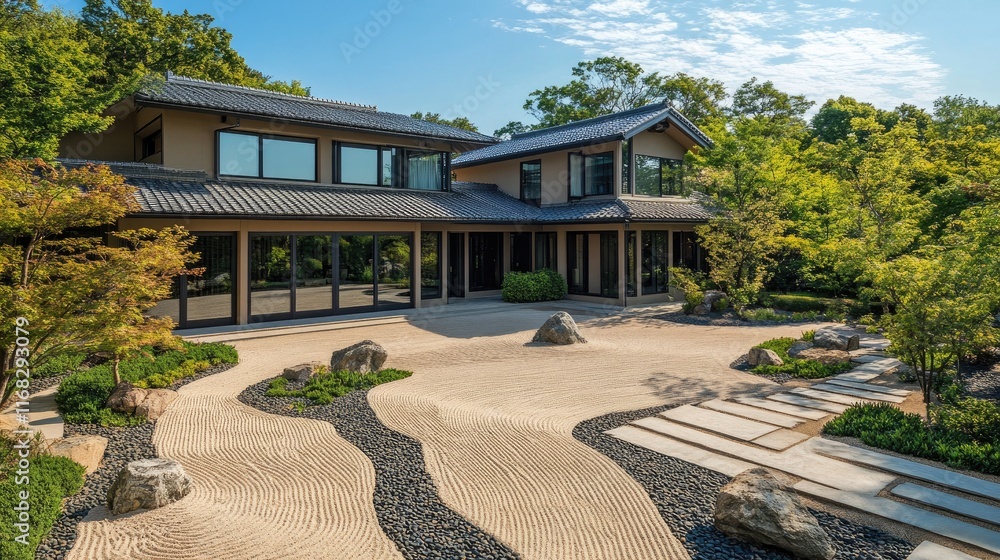 Elevated view of a traditional zen garden featuring delicate sand patterns and minimalist rock placements. Elevated view of a traditional zen garden featuring delicate sand patterns and minimalist rock placements.