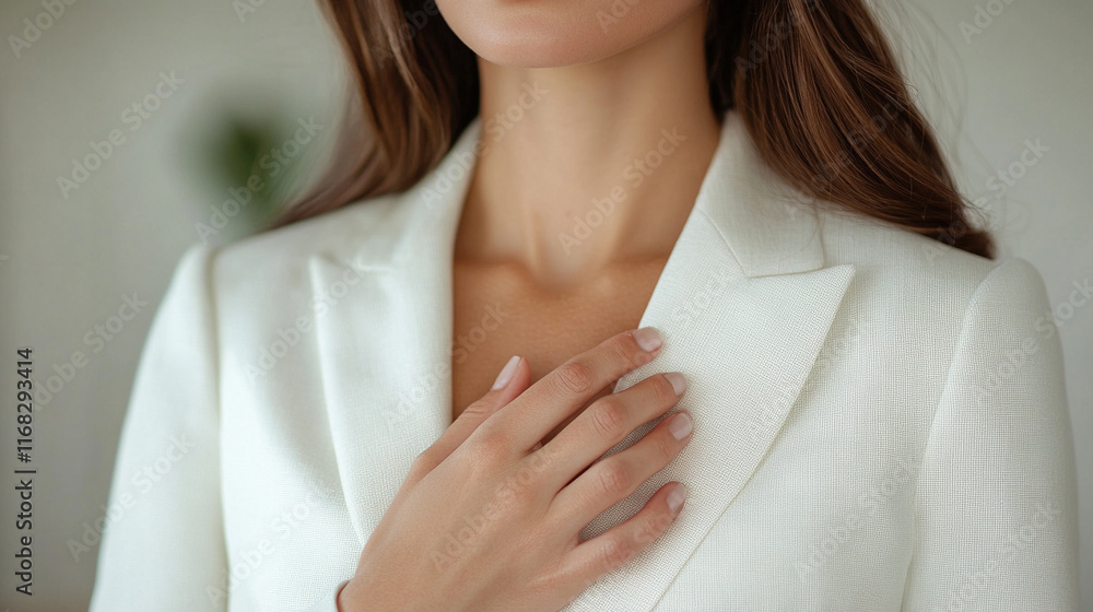 Woman's hand resting on her chest expressing calmness and sincerity wearing elegant white formal attire blurred bright background with space for text suggesting emotions trust and connection
Woman's hand resting on her chest expressing calmness and sincerity wearing elegant white formal attire blurred bright background with space for text suggesting emotions trust and connection