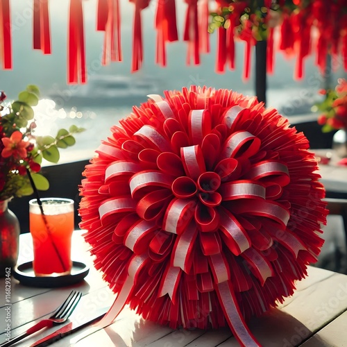 Bright red pom pom made of ribbons used for cheerleading, decorations, or crafts (3)_Nero AI_Photo photo