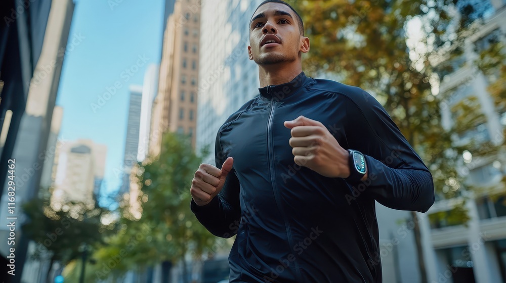 Young man with a fitness tracker running in an urban setting for a wearable tech or fitness brand ad Young man with a fitness tracker running in an urban setting for a wearable tech or fitness brand ad