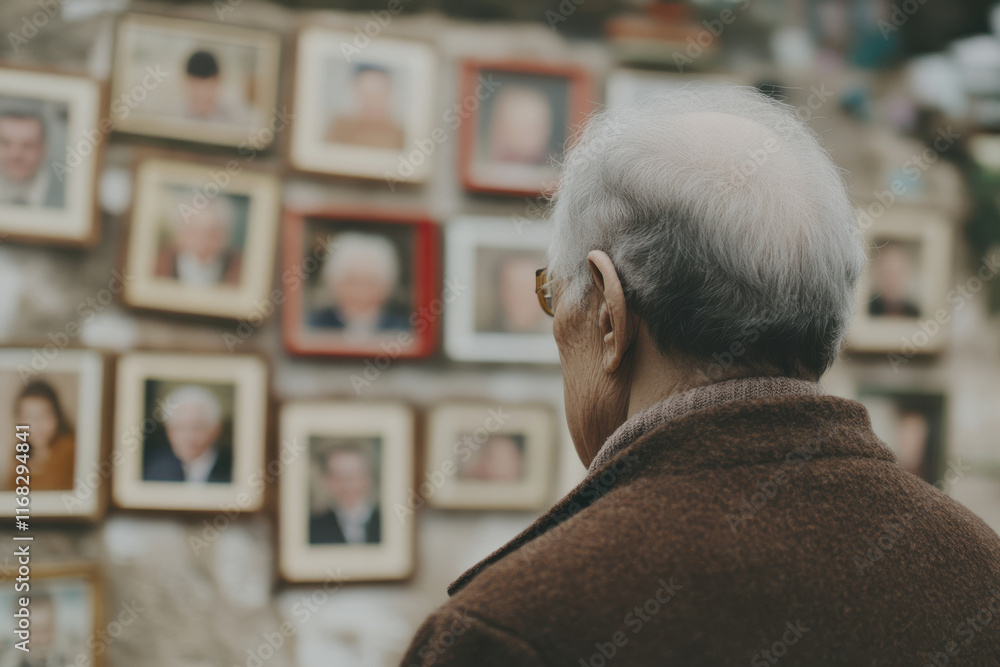Fototapeta premium Elderly caucasian male observing wall of framed family photos