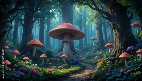 Enchanted Forest Path Giant Mushrooms Colorful Flowers Mystical Scene Digital Art photo