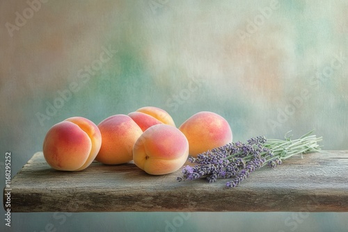 Ripe apricots and a bunch of lavender rest on a rustic wooden surface against a muted background. photo