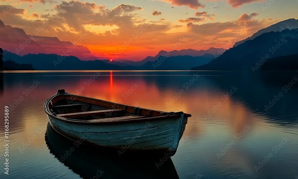 Serene Sunset: A Solitary Boat on a Calm Lake Serene Sunset: A Solitary Boat on a Calm Lake