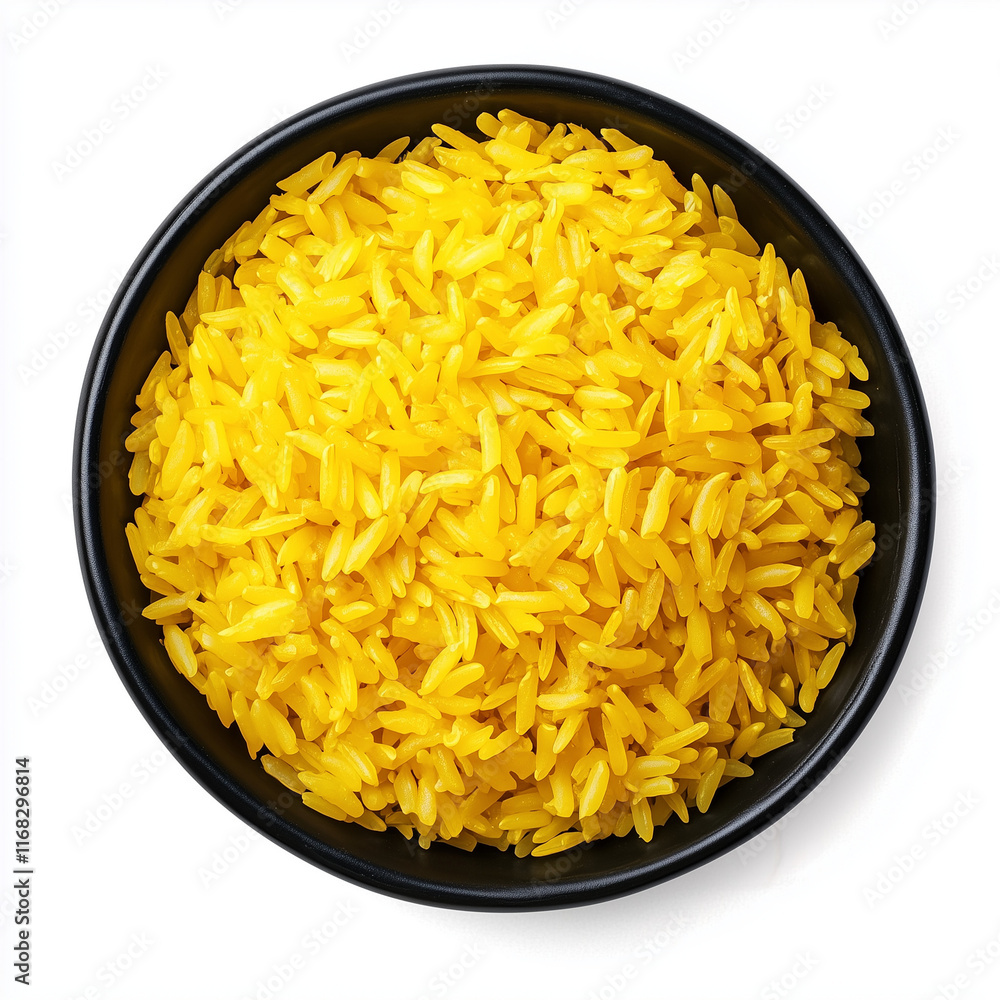 a black bowl of yellow basmati cooked rice on an isolated, top view a black bowl of yellow basmati cooked rice on an isolated, top view