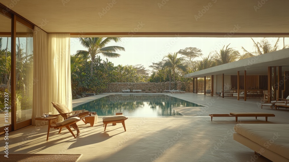 Fototapeta premium Modern Tropical Villa with Infinity Pool and Outdoor Lounge Area