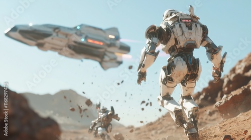 Fototapeta Naklejka Na Ścianę i Meble -  A scene from a science fiction space combat including a spacecraft and mecha cyborg soldiers. Mecha Battle Illustration