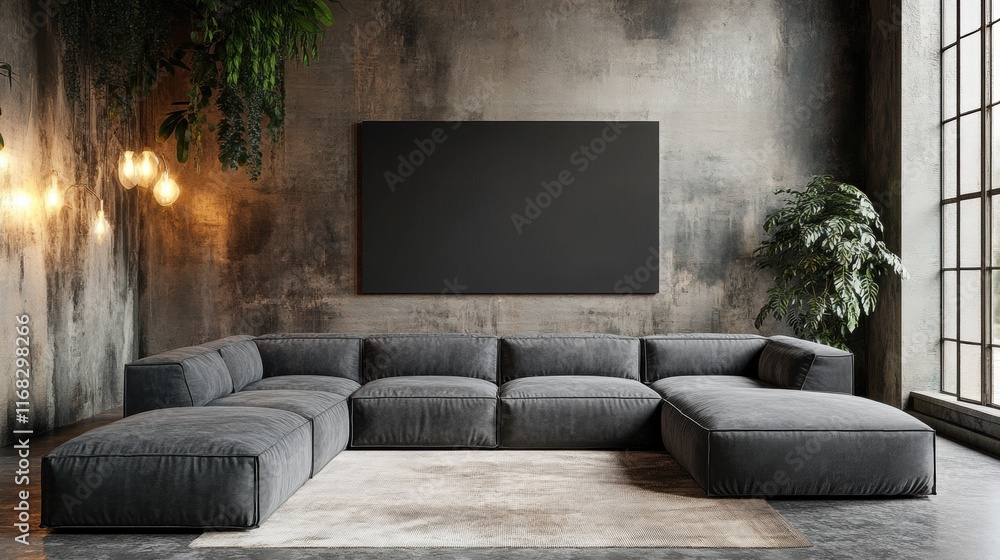 Modern Loft Apartment Interior with Modular Sofa and Blank Canvas Modern Loft Apartment Interior with Modular Sofa and Blank Canvas