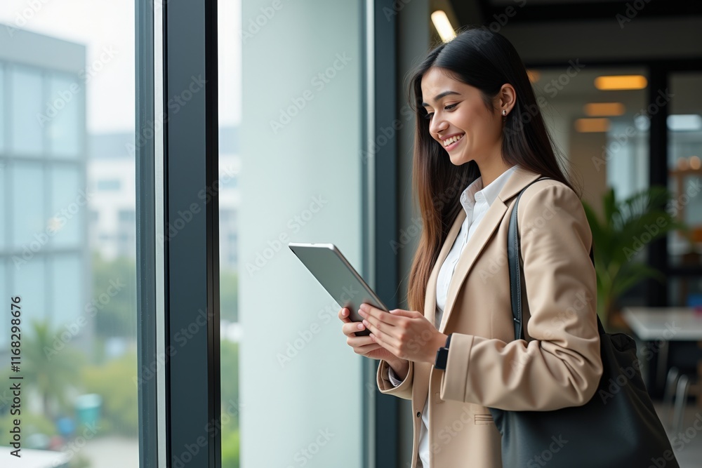 Professional Woman in Office Setting Using Tablet Near Window, Ideal for Business, Technology, and Inspiration Themes Professional Woman in Office Setting Using Tablet Near Window, Ideal for Business, Technology, and Inspiration Themes